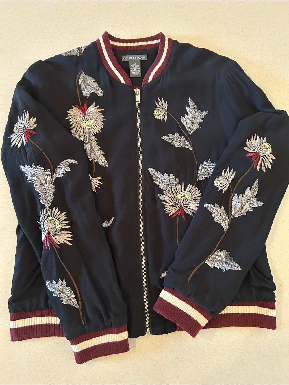 Anthropologie Bomber Baseball Jacket Small Black Floral Embroidery